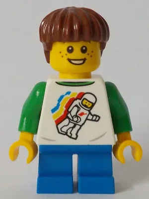 Child - Boy, Classic Space Shirt with Minifigure Floating and Back Print, Blue Short Legs, Reddish Brown Hair, Freckles