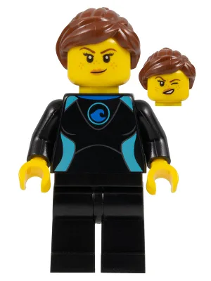 Surfer - Female, Black Wetsuit with Medium Azure Trim, Reddish Brown Hair