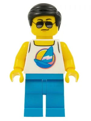 Beach Tourist - Male, White Tank Top with Dark Azure Sailboat, Dark Azure Legs, Black Hair Short Combed Sideways Part Left