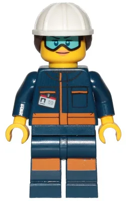 Ground Crew Technician - Female, Dark Blue Jumpsuit, White Construction Helmet with Dark Brown Ponytail Hair, Light Blue Goggles