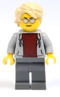Sports Car Driver, Light Bluish Gray Hoodie with Dark Red Shirt, Tan Hair Swept Back Tousled