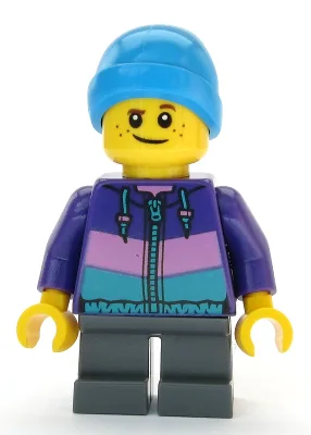 Boy - Dark Purple Jacket, Dark Bluish Gray Short Legs, Dark Azure Beanie