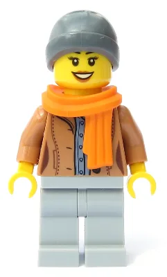 Customer - Female, Medium Nougat Jacket, Light Bluish Gray Legs, Dark Bluish Gray Beanie, Orange Scarf