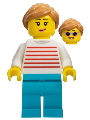 Automobile Buyer - Female, White Sweater with Red Horizontal Stripes, Medium Azure Legs, Medium Nougat Hair with Ponytail, Sunglasses