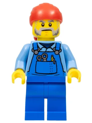 Tow Truck Driver - Male, Blue Overalls over Medium Blue Shirt, Blue Legs, Red Bandana, Beard, Back Print