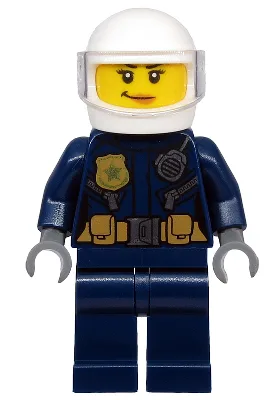 Police - ATV Driver Female, Leather Jacket with Gold Badge and Utility Belt, White Helmet, Trans-Clear Visor, Nougat Lips Smirk