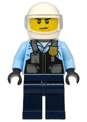 Police - City Motorcyclist, Safety Vest with Police Badge, Dark Blue Legs, White Helmet, Trans-Clear Visor