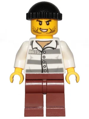 Police - Jail Prisoner 86753 Prison Stripes, Black Knit Cap, Reddish Brown Legs, Beard Stubble and Lopsided Grin