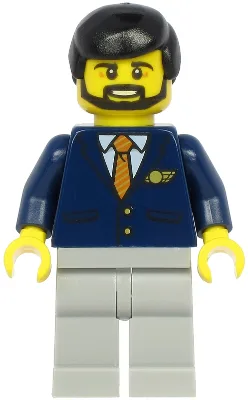 Steward - Male, Black Hair, Dark Blue Suit with Striped Tie, Light Bluish Gray Legs