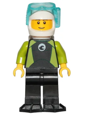 Diver - Male, Black Wetsuit with White Logo and Lime Trim and Flippers, White Helmet and Air Tanks
