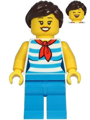 Diner Employee - Female, Dark Azure and White Striped Shirt with Red Scarf, Dark Azure Legs, Dark Brown Ponytail