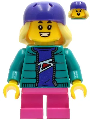 Child - Girl, Dark Turquoise Jacket over Dark Purple Shirt, Dark Pink Short Legs, Dark Purple Bicycle Helmet with Bright Light Yellow Hair