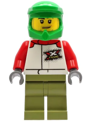 Wheelchair Athlete - Male, White and Red Racing Suit with 'XTREME' Logo, Olive Green Legs, Bright Green Dirt Bike Helmet, Stubble
