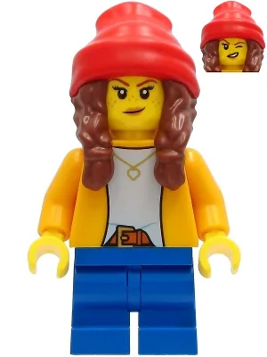 Girl - Bright Light Orange Jacket, Blue Medium Short Legs, Reddish Brown Hair with Braids and Red Beanie