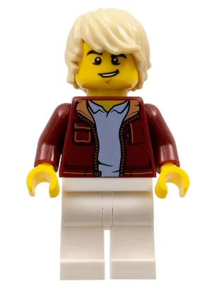 Man, Dark Red Jacket with Bright Light Blue Shirt, White Legs, Tan Tousled Hair, Lopsided Grin (Car Driver)