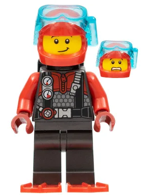 Diver - Male, Red Helmet, Black Air Tanks, Red Flippers