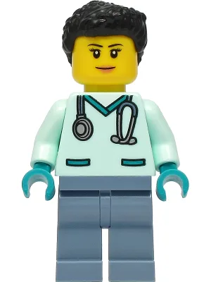 Wildlife Rescue Veterinarian - Female, Light Aqua Scrubs, Sand Blue Legs, Black Hair