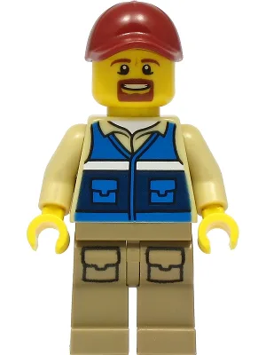 Wildlife Rescue Worker - Male, Dark Red Cap, Blue Vest with 'RESCUE' Pattern on Back, Dark Tan Legs with Pockets, Beard