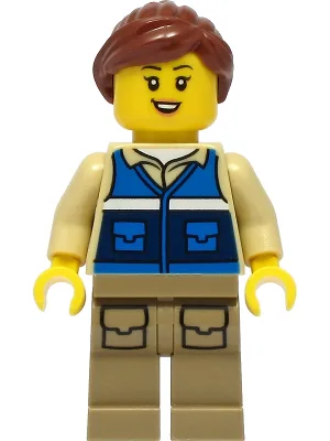 Wildlife Rescue Worker - Female, Blue Vest with 'RESCUE' Pattern on Back, Dark Tan Legs with Pockets, Reddish Brown Hair