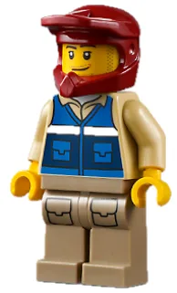 Wildlife Rescue Explorer - Male, Blue Vest with 'RESCUE' Pattern on Back, Dark Red Helmet, Dark Tan Legs with Pockets, Beard