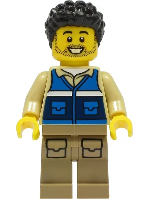 Wildlife Rescue Worker - Male, Blue Vest with 'RESCUE' Pattern on Back, Dark Tan Legs with Pockets, Black Hair