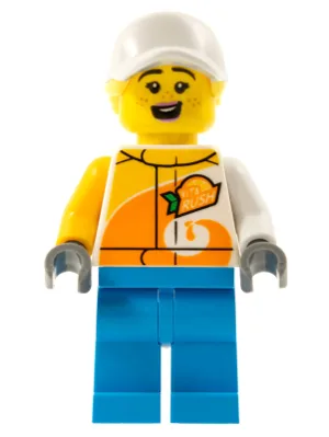 Stuntz Crew - Female, Bright Light Orange and White 'ViTA RUSH' Jacket, Dark Azure Legs, White Cap with Bright Light Yellow Ponytail Hair, Freckles