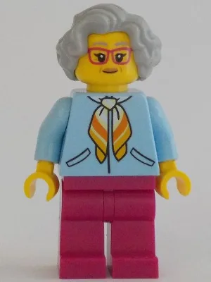 Woman, Bright Light Blue Jacket, Magenta Legs, Light Bluish Gray Hair, Magenta Glasses