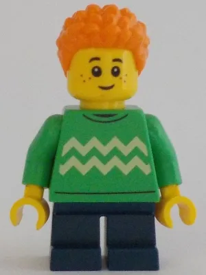 Child - Boy, Bright Green Sweater with Bright Light Yellow Zigzag Lines, Dark Blue Short Legs, Orange Short Coiled Hair, Freckles