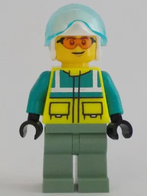 Rescue Helicopter Pilot - Male, Dark Turquoise and Neon Yellow Safety Vest, Sand Green Legs, White Helmet, Trans-Light Blue Visor, Safety Glasses