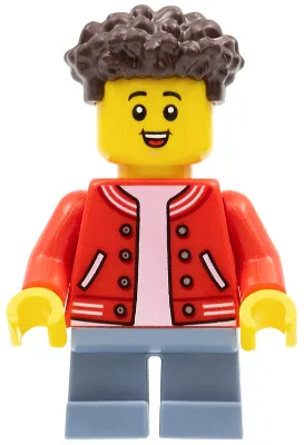Boy, Red Jacket with Striped Trim, Sand Blue Short Legs, Dark Brown Hair