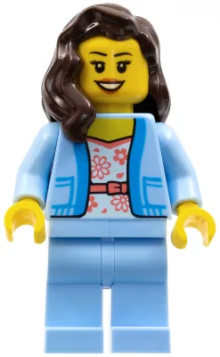 Female - Bright Light Blue Jacket over White Shirt with Coral Flowers, Bright Light Blue Legs, Dark Brown Hair