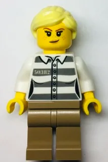 Police - Jail Prisoner 50382 Prison Stripes, Female, Dark Tan Legs, Smirk with Nougat Lips, and Bright Light Yellow Ponytail