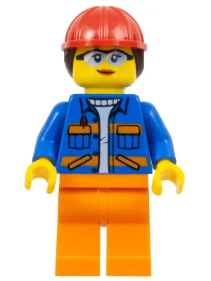 Construction Worker - Female, Blue Jacket with Diagonal Lower Pockets and Orange Stripes, Orange Legs, Red Construction Helmet with Dark Brown Ponytail Hair, Glasses