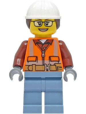 Construction Worker - Female, Orange Safety Vest, Reflective Stripes, Reddish Brown Shirt, Sand Blue Legs, White Construction Helmet with Dark Brown Ponytail Hair, Glasses