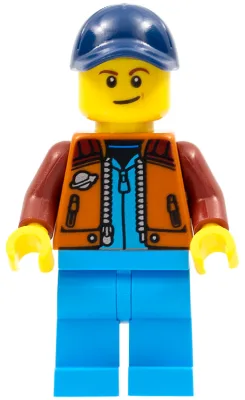Lunar Research Astronaut - Male, Dark Orange Classic Space Jacket, Dark Azure Legs, Dark Blue Cap with Hole, Lopsided Smile (Rover Driver)