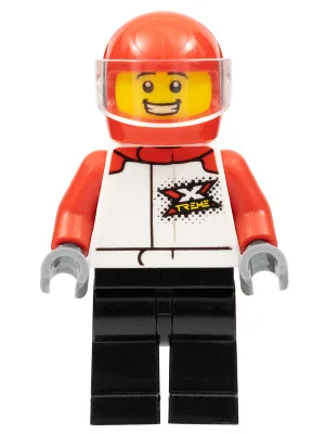 Motorcycle Driver - Male, White and Red Racing Suit with 'XTREME' Logo, Black Legs, Red Helmet, Trans-Clear Visor