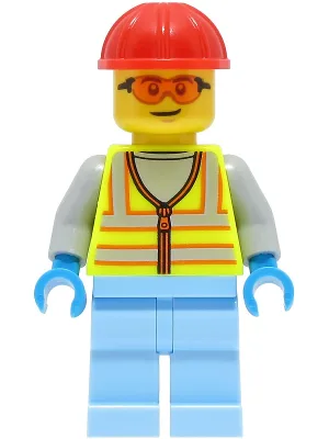 Space Engineer - Male, Neon Yellow Safety Vest with Reflective Stripes, Bright Light Blue Legs, Red Construction Helmet, Safety Glasses