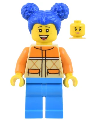 Woman - Tan and Orange Quilted Vest, Dark Azure Legs, Blue Hair with Buns, Freckles