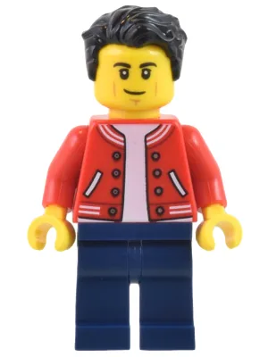 Man - Red Jacket, Dark Blue Legs, Black Hair, Smirk and Cheek Lines
