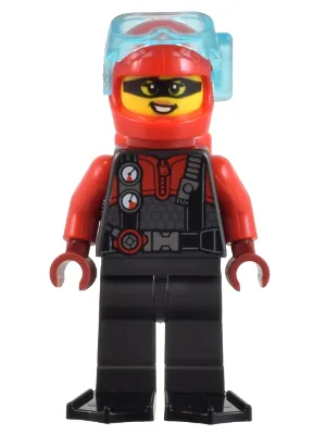 Police - Crook, Female, Red and Pearl Dark Gray Diving Suit, Black Flippers, Red Helmet and Air Tanks, Trans-Light Blue Diver Mask (Betsy Bass)