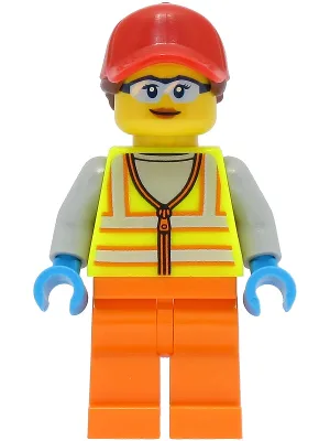 Reach Stacker Driver - Female, Neon Yellow Safety Vest with Reflective Stripes, Orange Legs, Red Ball Cap with Reddish Brown Ponytail