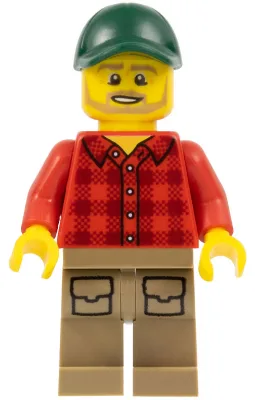 Forklift Driver - Male, Red Plaid Flannel Shirt, Dark Tan Legs with Pockets, Dark Green Cap