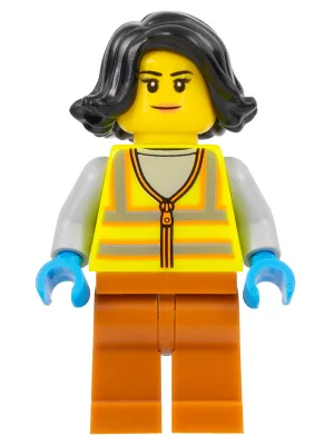 Recycling Worker - Female, Neon Yellow Safety Vest with Reflective Stripes, Dark Orange Legs, Black Hair
