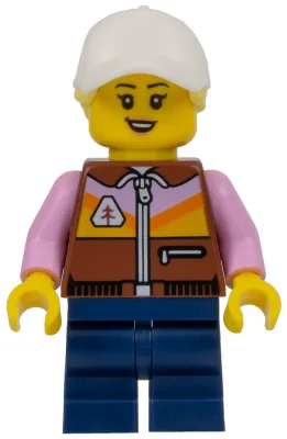 Dirt Bike Rider - Female, Reddish Brown Jacket, Dark Blue Medium Legs, White Cap with Bright Light Yellow Ponytail Hair