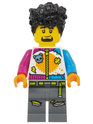 Stuntz Driver - Male, White Jumpsuit with Magenta and Dark Azure Arms, Dark Bluish Gray Legs, Black Tall Coiled Hair, Goatee