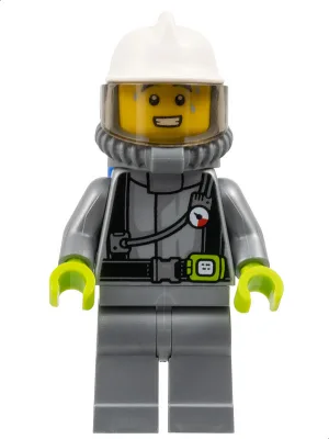 Fire - Male, Flat Silver Suit, White Fire Helmet, Trans-Brown Visor, Breathing Neck Gear with Blue Air Tanks