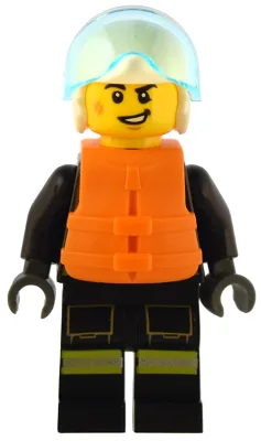 Fire - Male, Black Jacket and Legs with Reflective Stripes and Red Collar, White Helmet, Trans-Light Blue Visor, Orange Life Jacket