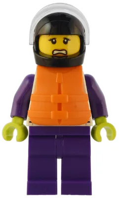 Speedboat Raft Driver - Female, White Jacket with Dolphin, Dark Purple Legs, Black Helmet, Trans-Clear Visor, Orange Life Jacket