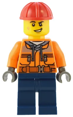 Construction Worker - Male, Orange Safety Jacket, Reflective Stripe, Sand Blue Hoodie, Dark Blue Legs, Red Construction Helmet