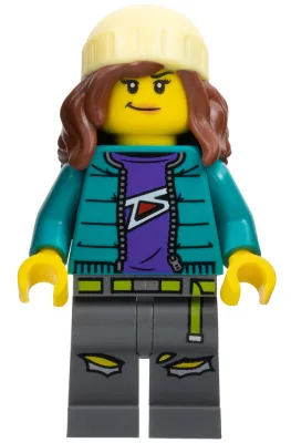 Fearless Fi - Stuntz Announcer, Dark Turquoise Jacket over Dark Purple Shirt, Dark Bluish Gray Legs, Reddish Brown Hair with Bright Light Yellow Beanie